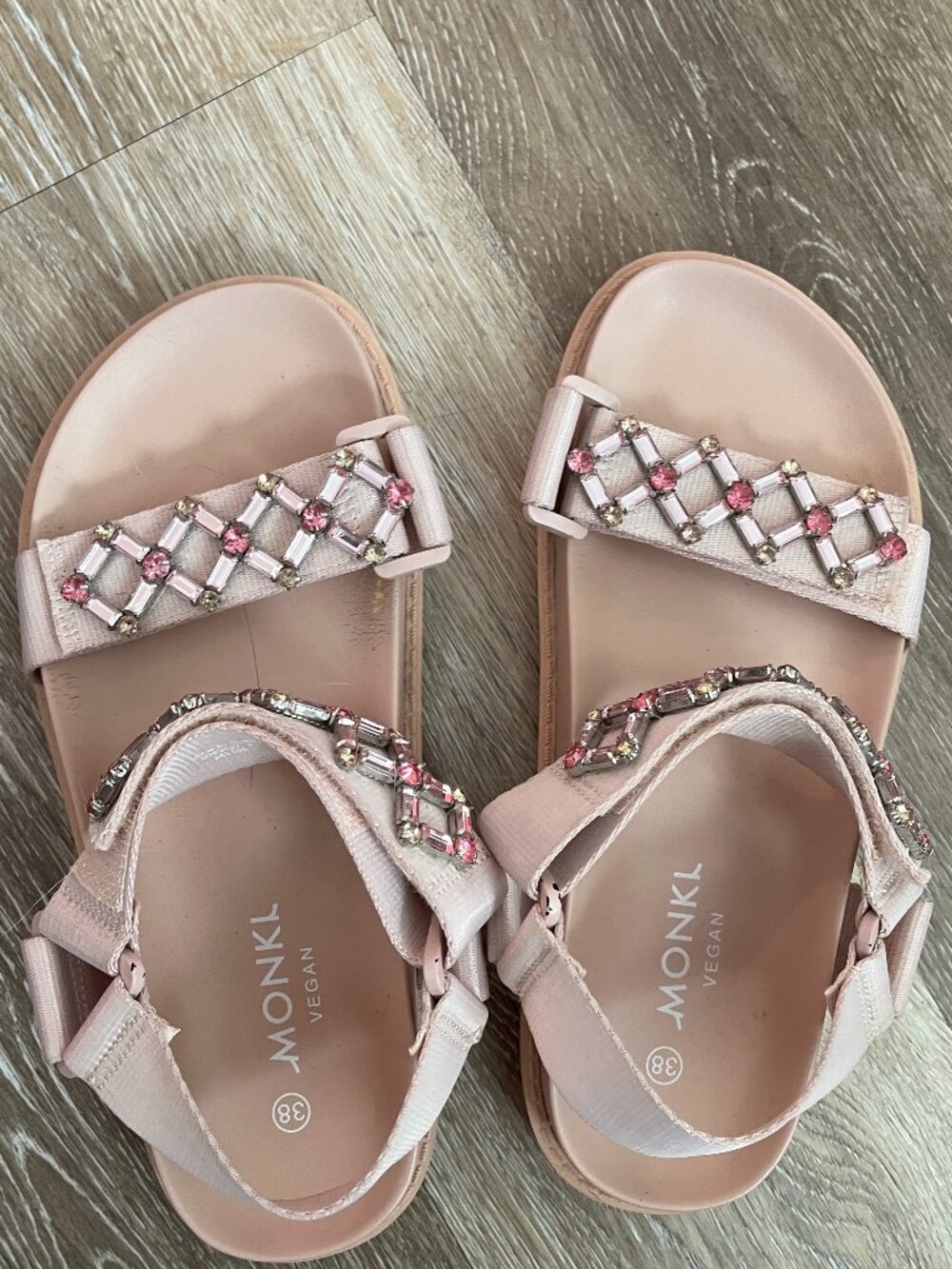 Blush Light Pink Bedazzled Sparkle Vegan Velcro Strap Sandals